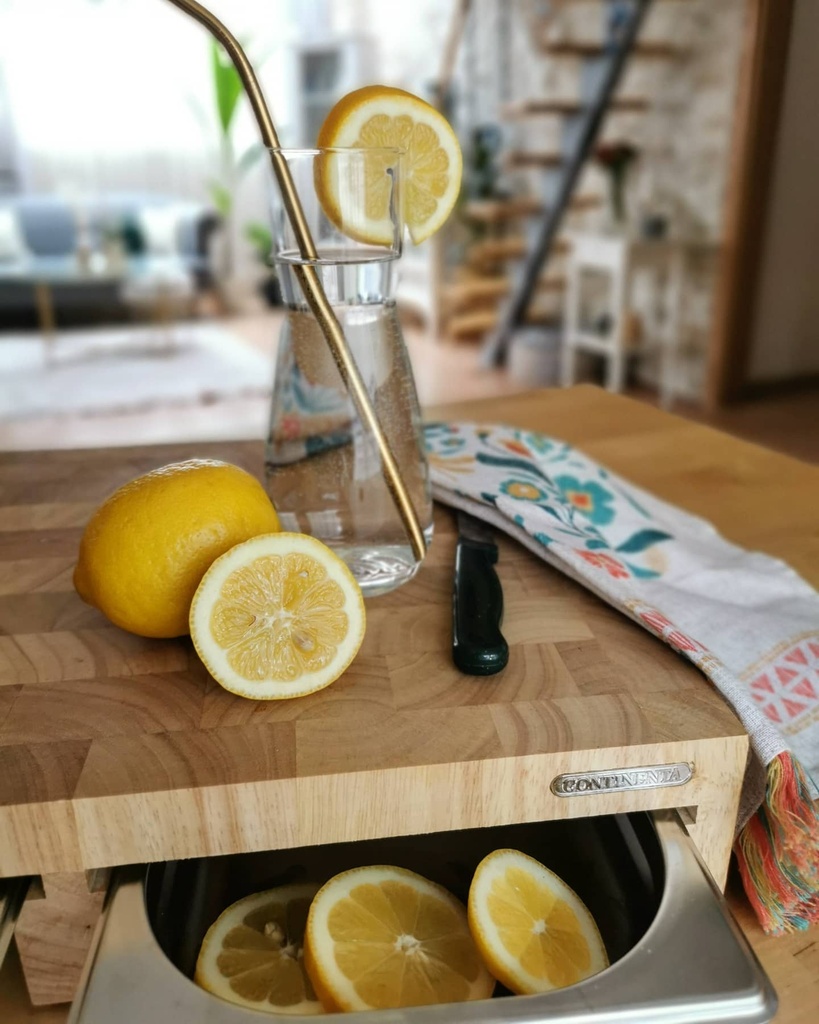 snijplank met roestvrijstalen lade, rubberhout kops 48x32.5x6.5