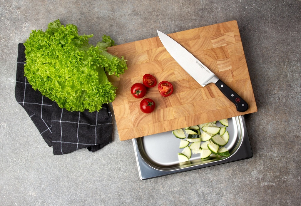 snijplank met roestvrijstalen lade, rubberhout kops 48x32.5x6.5