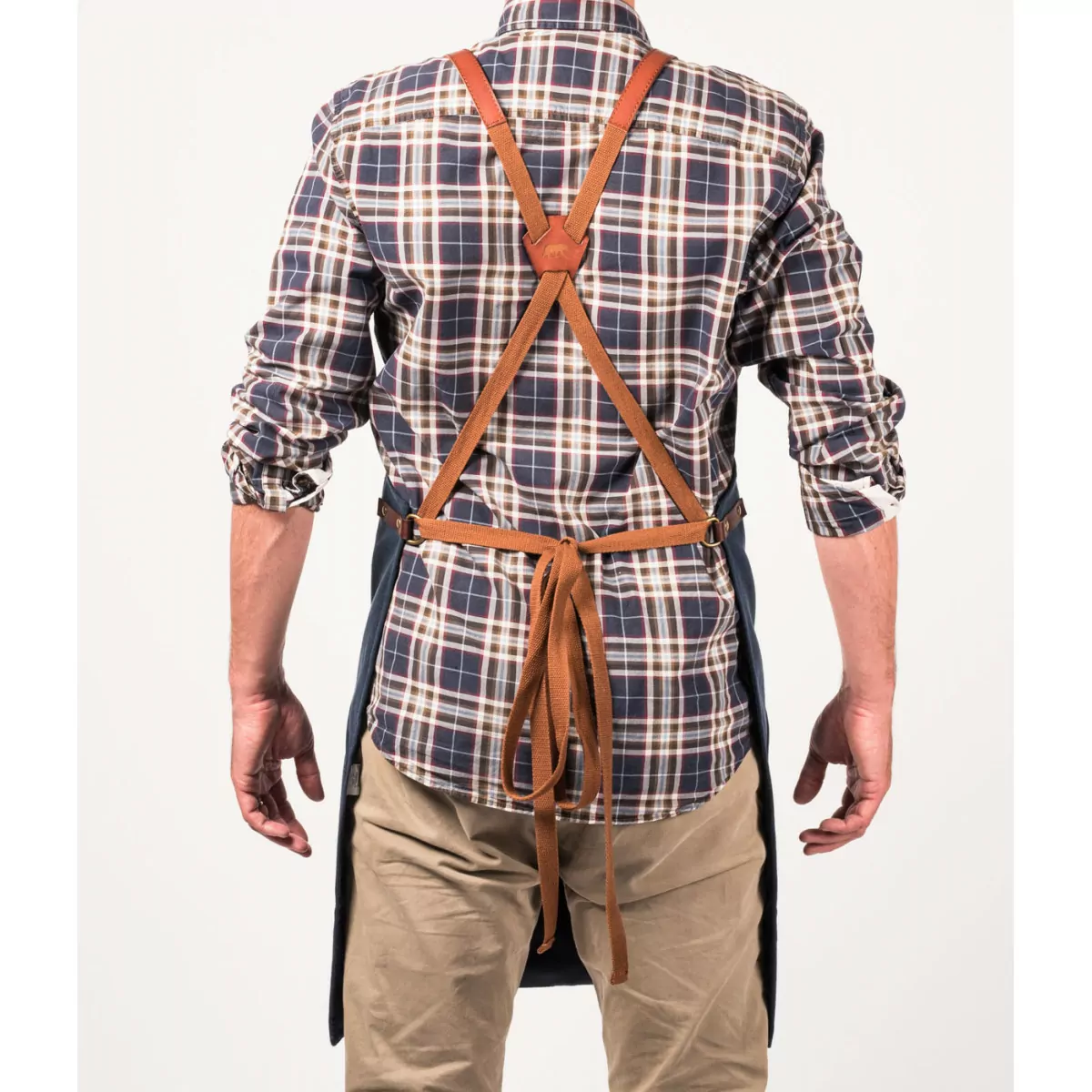 schort n°547 gewaxt canvas en leder - marine blauw