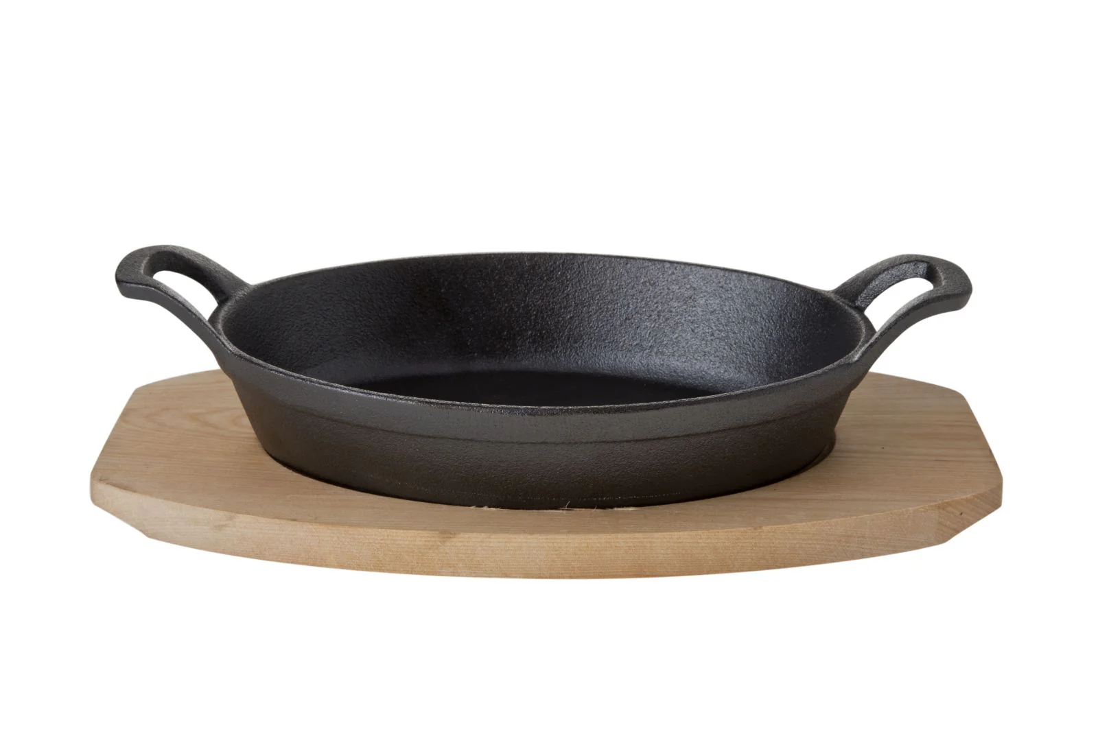 Gietijzeren gratinschaal 30 cm, met plankje