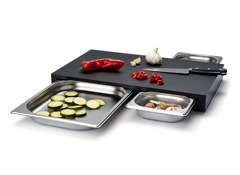 Snijplank met 3 rvs lades, Duracore zwart 49.5x32.5x5