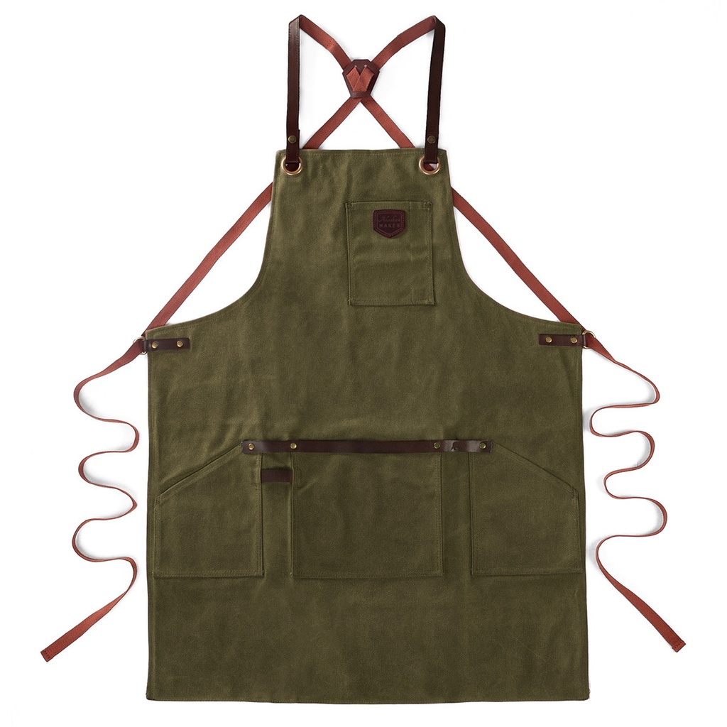 Schort n°547 gewaxt canvas en leder - Olijfgroen